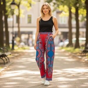 Handmade Dashiki Print Pants Womens 34 Red Blue Excellent African Tapered